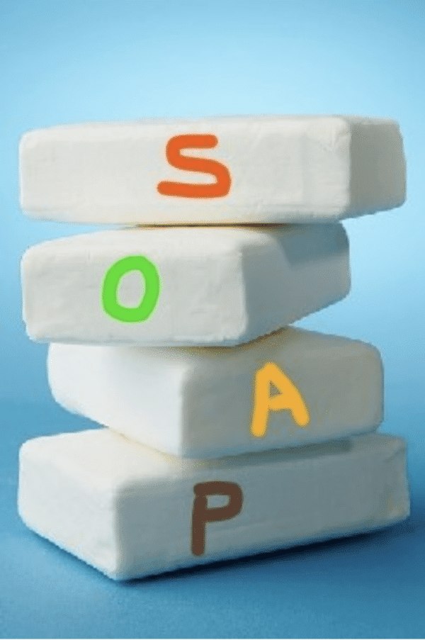 bars of soap stacked up spelling soap